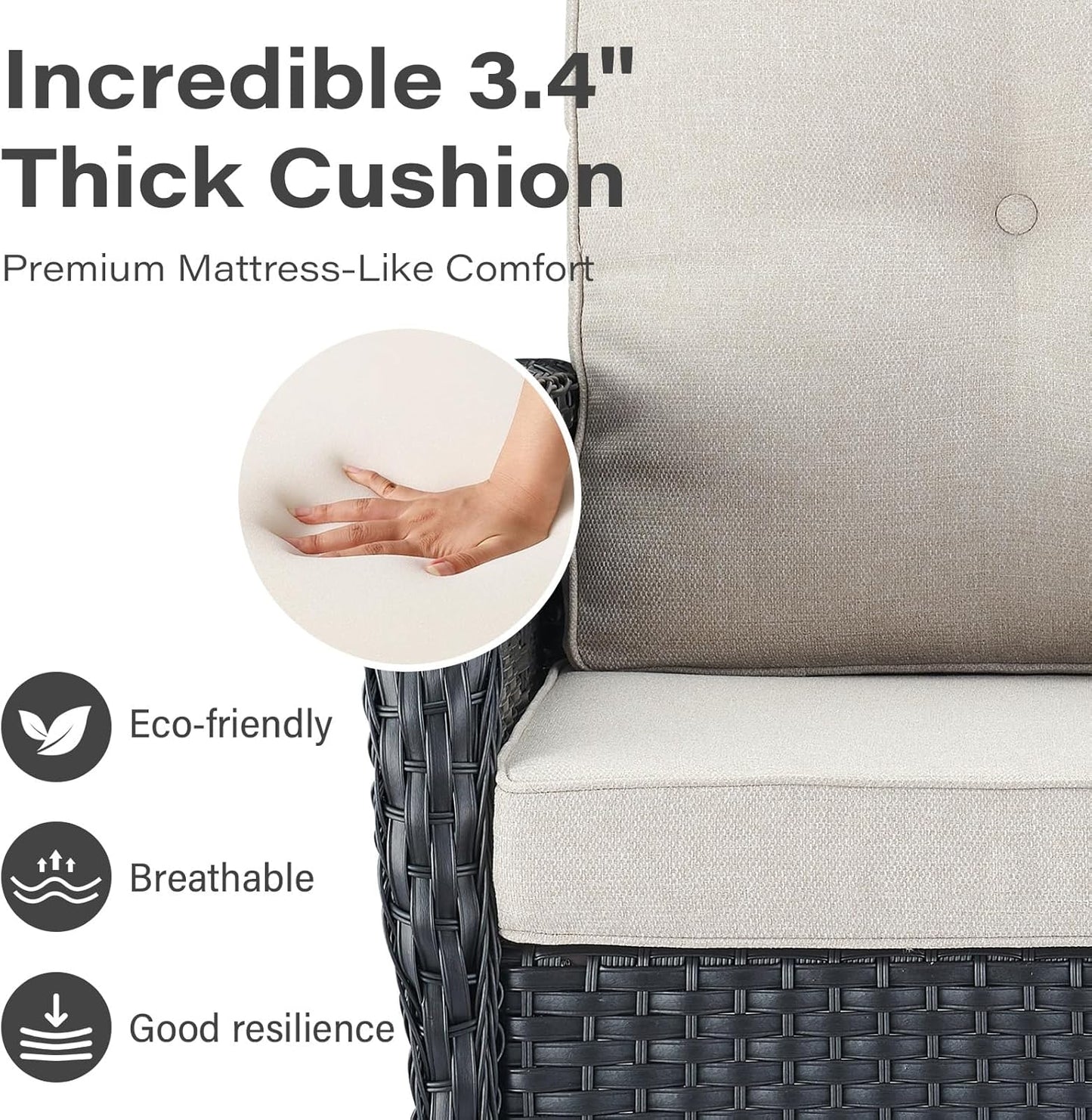 8 Piece Patio Furniture Set with 50000 BTU Propane Fire Pit Table, Outdoor Conversation Set with 2 Swivel Rocker Chairs Wicker Sofa and Ottomans for Casual Gatherings Black