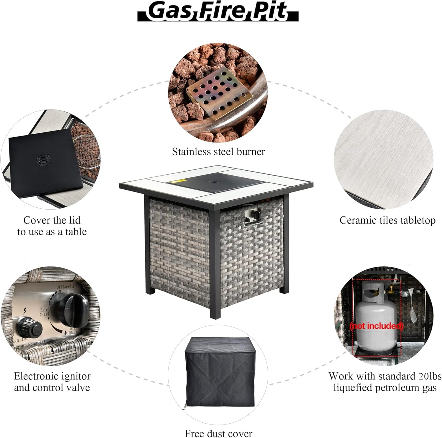 HOOOWOOO 10 Piece Modular Patio Outdoor Sectional Furniture Set with Gas Propane Fire Pit Table,Wicker Conversation Sofa Set with Swivel Chairs,Outside Couch Set(Black)