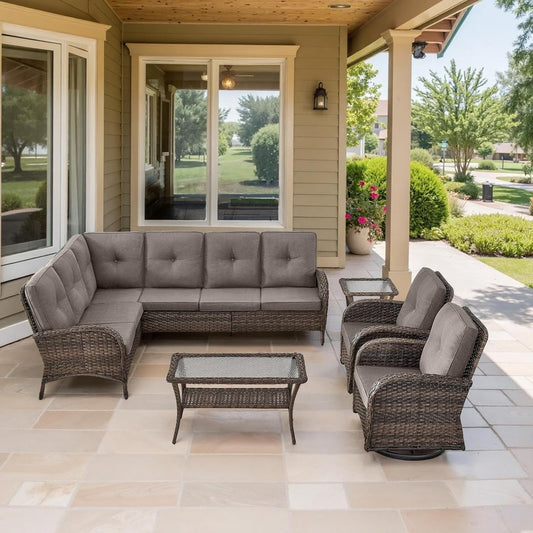 Outdoor Furniture Set - 6 Pieces Patio Conversation Sectional Sofa Set with Swivel Rocker Outdoor Chairs Set of 2 and Wicker Coffee Table for Deck Backyard Sunroom Brown