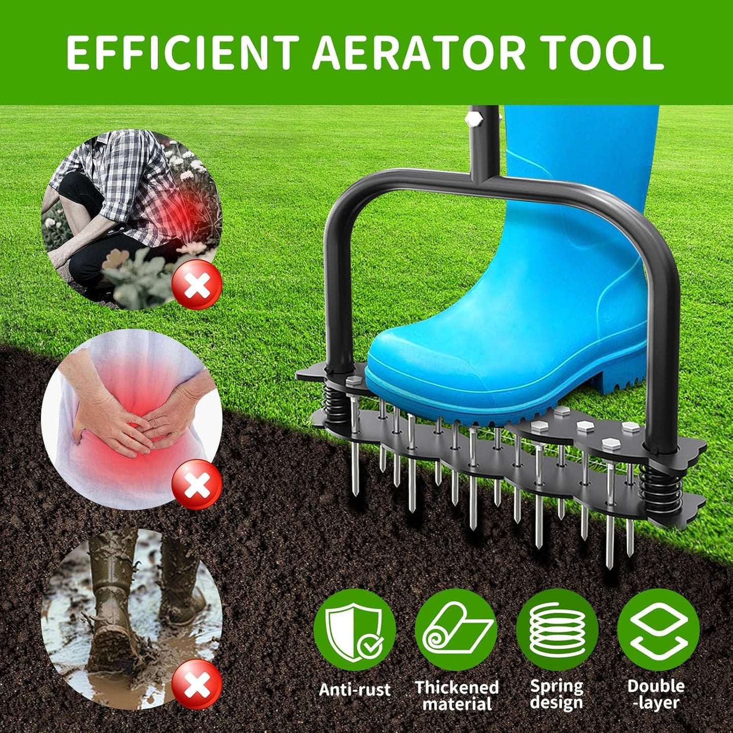 Aerator Lawn Tool, Lawn Aerator with 14 Spikes, Automatic Dirt and Leaf Clean with Spring-Loaded Design, Metal Manual Aerator for Loosening Soil Aerating Patio, Yard, Garden (Black)