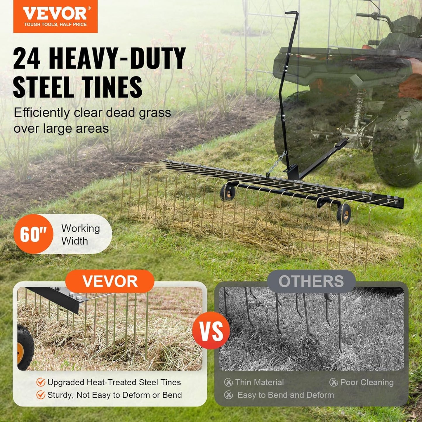 VEVOR Tow Behind Dethatcher, 60-inch Tow Dethatcher with 24 Steel Tines, Lawn Dethatcher Rake for ATV or Mower, Tow Behind Lawn Rake with Lift Handle for Leaves, Pine Needles, and Grass