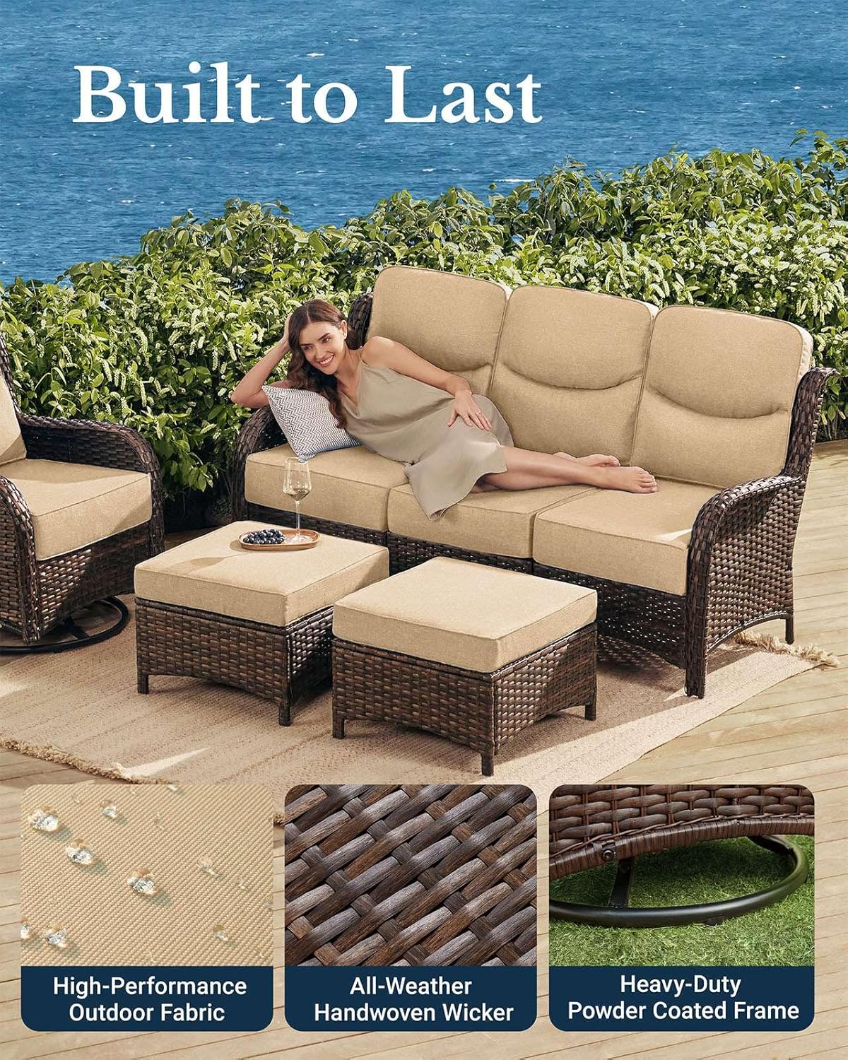 HILLGA Luxury Patio Furniture Set with 6-Inch Thick Cushions, High Back Outdoor Swivel Rocker Chairs and Patio Couch, 10-Piece All Weather Conversation Set for Porch Deck Pool Yard, Beige (V3)
