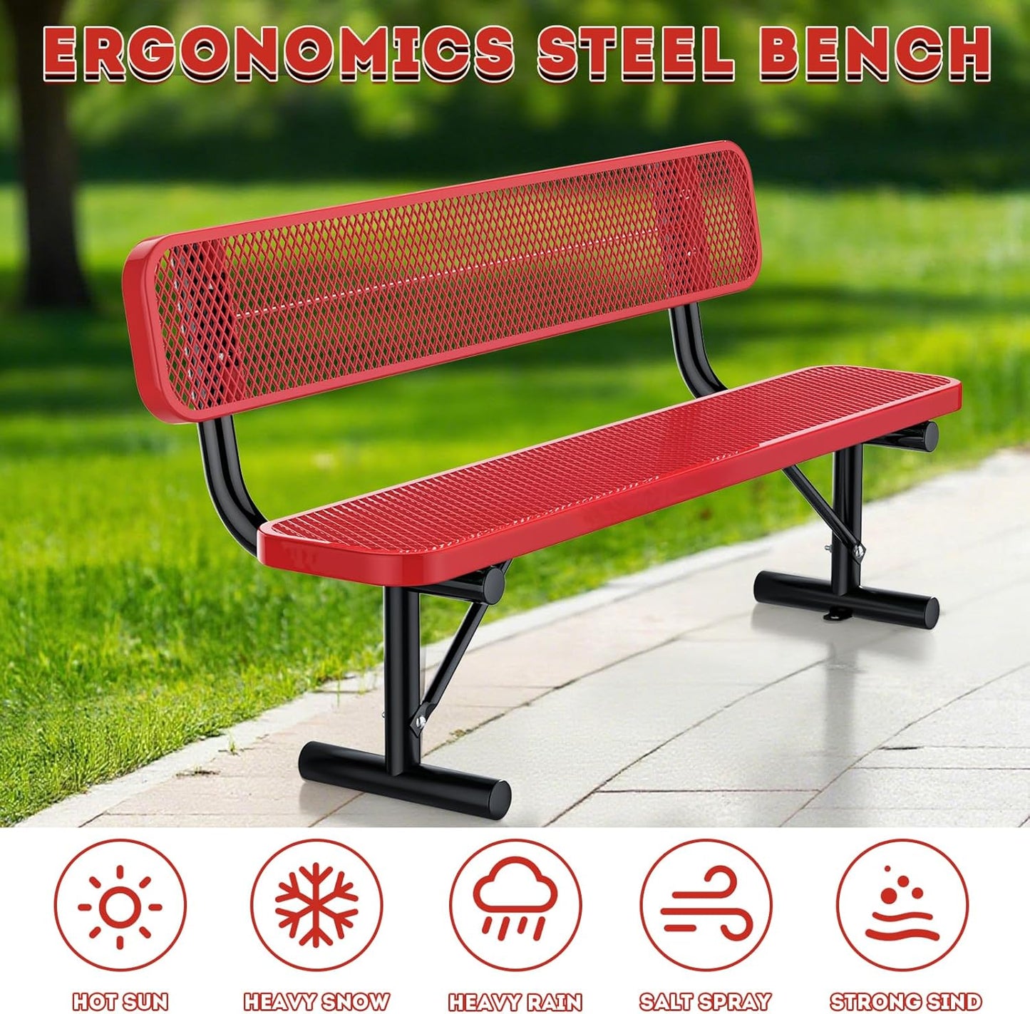 6Ft Heavy Duty Park Bench with Back Portable Frame, Outdoor Steel Bench with Backrest, Expanded Metal Mesh Bench for Lawn, Park, Deck, Garden, Patio, Porch, Red