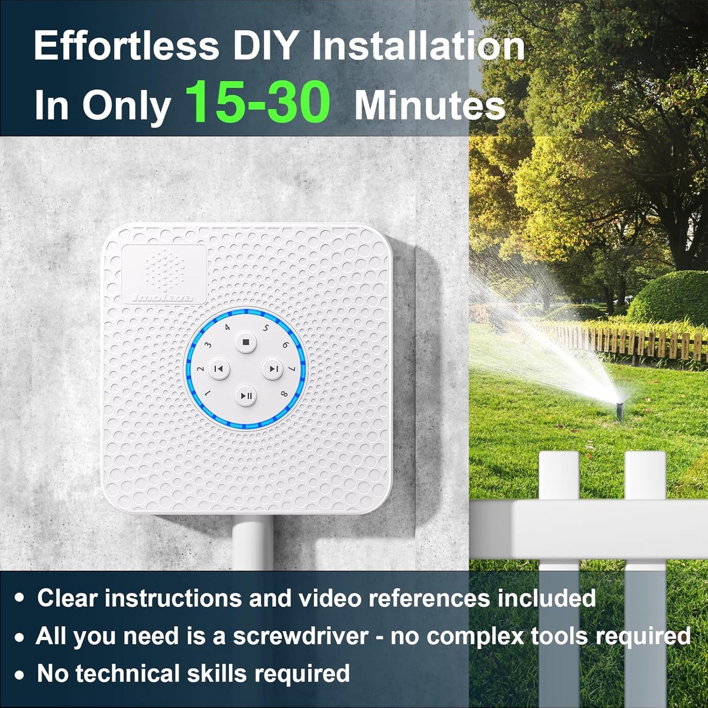 ImoLaza Smart Sprinkler Controller Evapotranspiration Master: 8 Zones WiFi Irrigation Controller with Automated Watering and App Control, Save Water Through Rain, Freeze, Wind and Saturation Skip