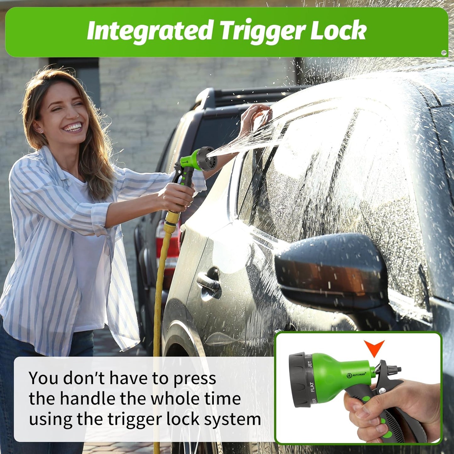 AUTOMAN-Garden-Hose-Nozzle,ABS Water Spray Nozzle with Heavy Duty 7 Adjustable Watering Patterns,Slip Resistant for Watering Plants,Lawn& Garden,Washing Cars,Cleaning,Showering Pets - Green