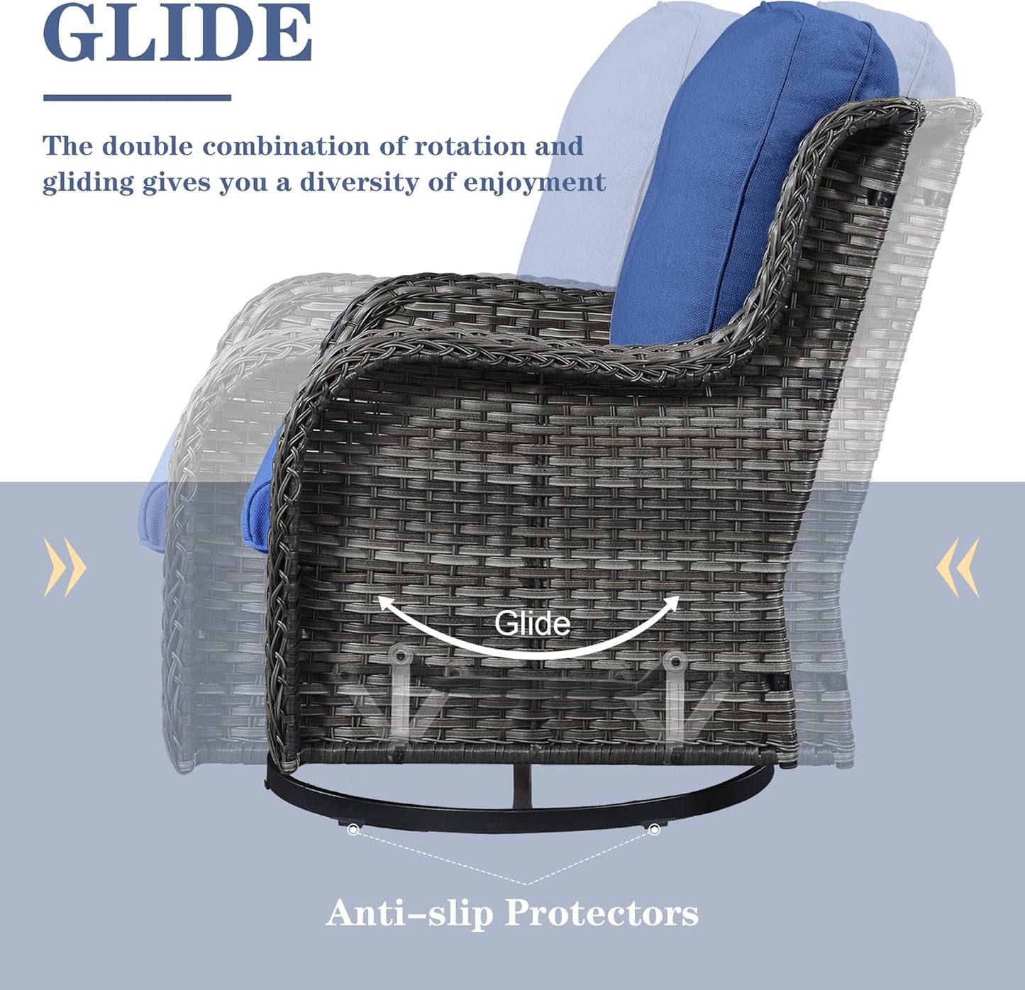 Outdoor Sectional Furniture Sofa Set with 50000BTU Propane Fire Pit Table, Wicker Patio Conversation Set with 2 Swivel Rocker Glider Chairs Blue Cushion Perfect for Backyard Casual Gathering