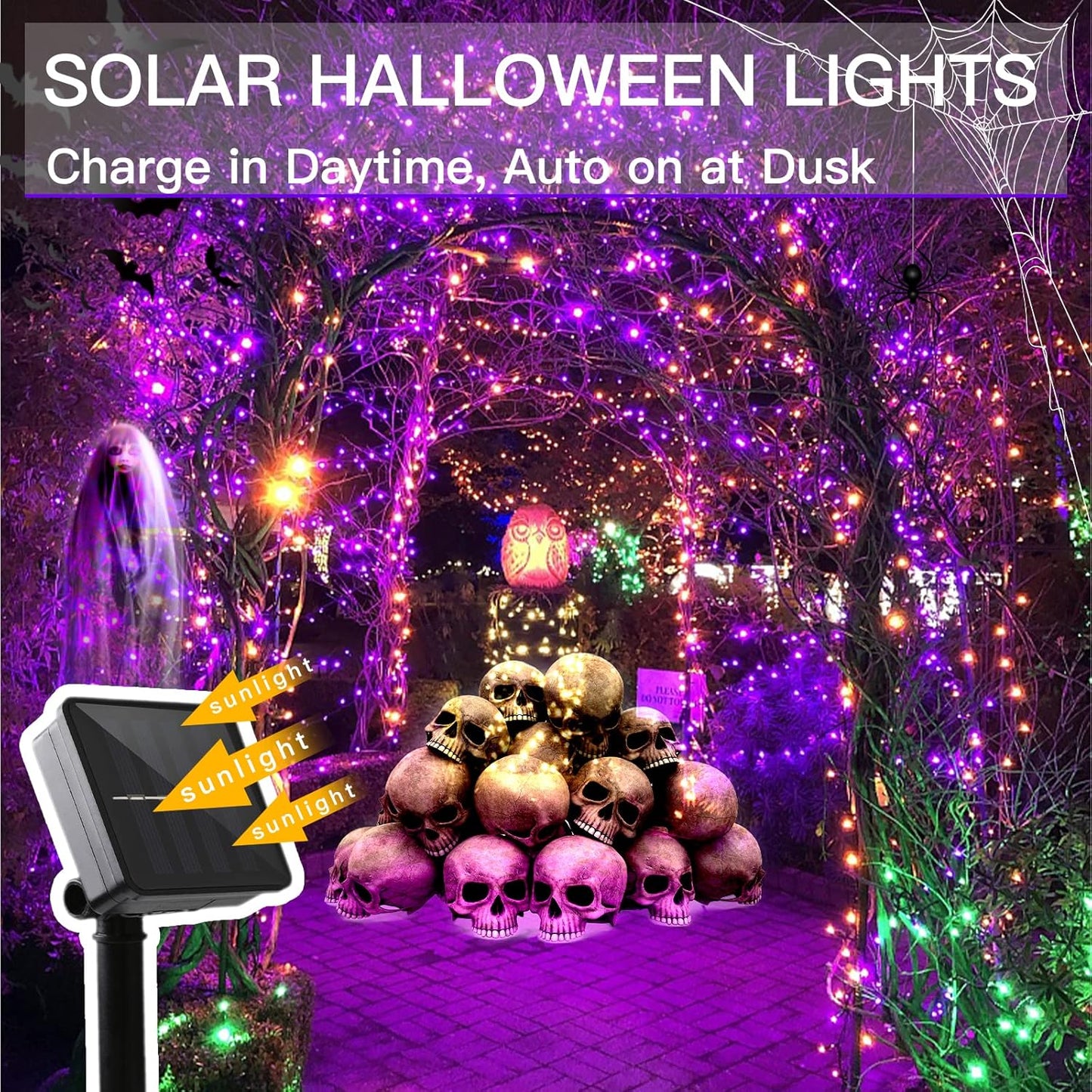 suddus Halloween String Lights Solar Powered, 2 Pack Total 66ft 200 LED Purple Solar Light Outdoor Waterproof, 8 Modes Purple Halloween Lights for Porch Tree Garden Patio Yard Party Decorations