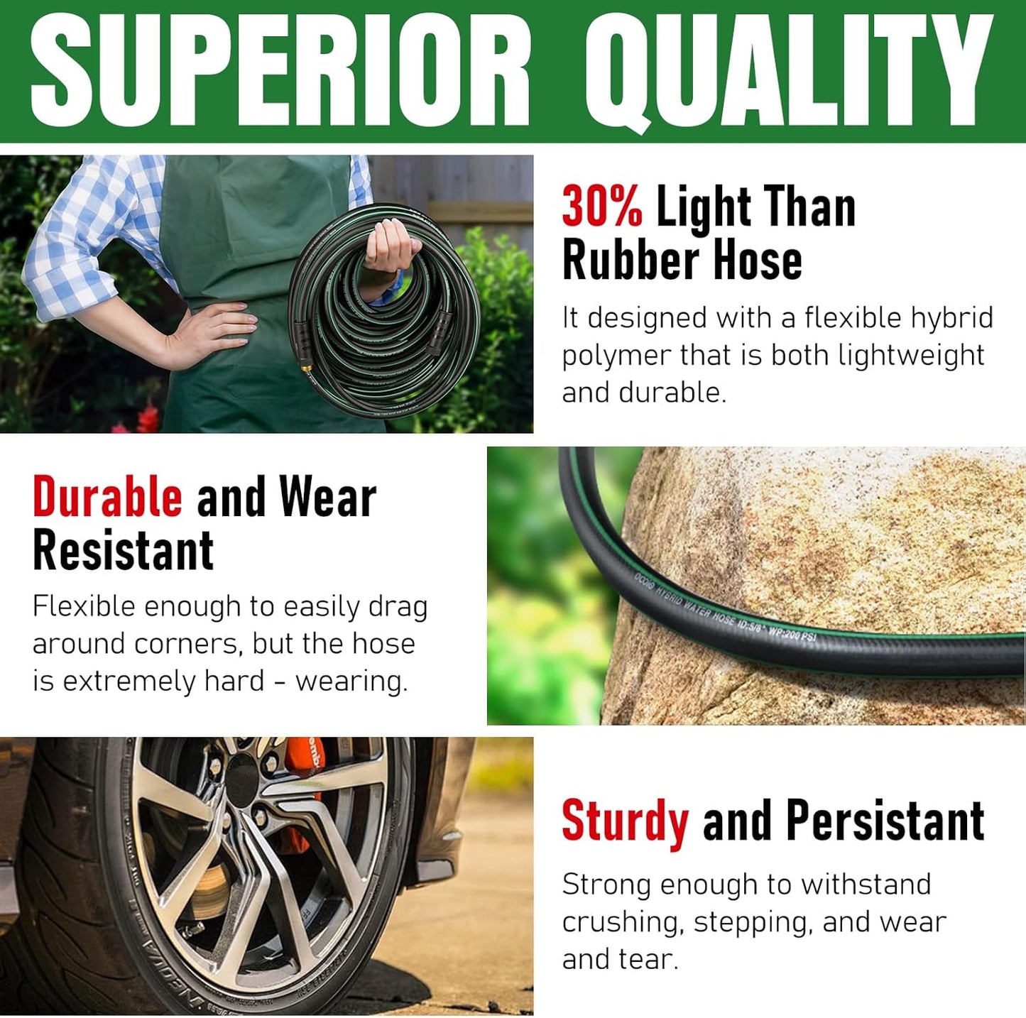 Heavy Duty Garden Hose 20ft, NON-EXPANDABLE Flexible Water Hose, Kink Resistant Lightweight Hybrid Hose, Leakproof Hose Male to Female Fittings