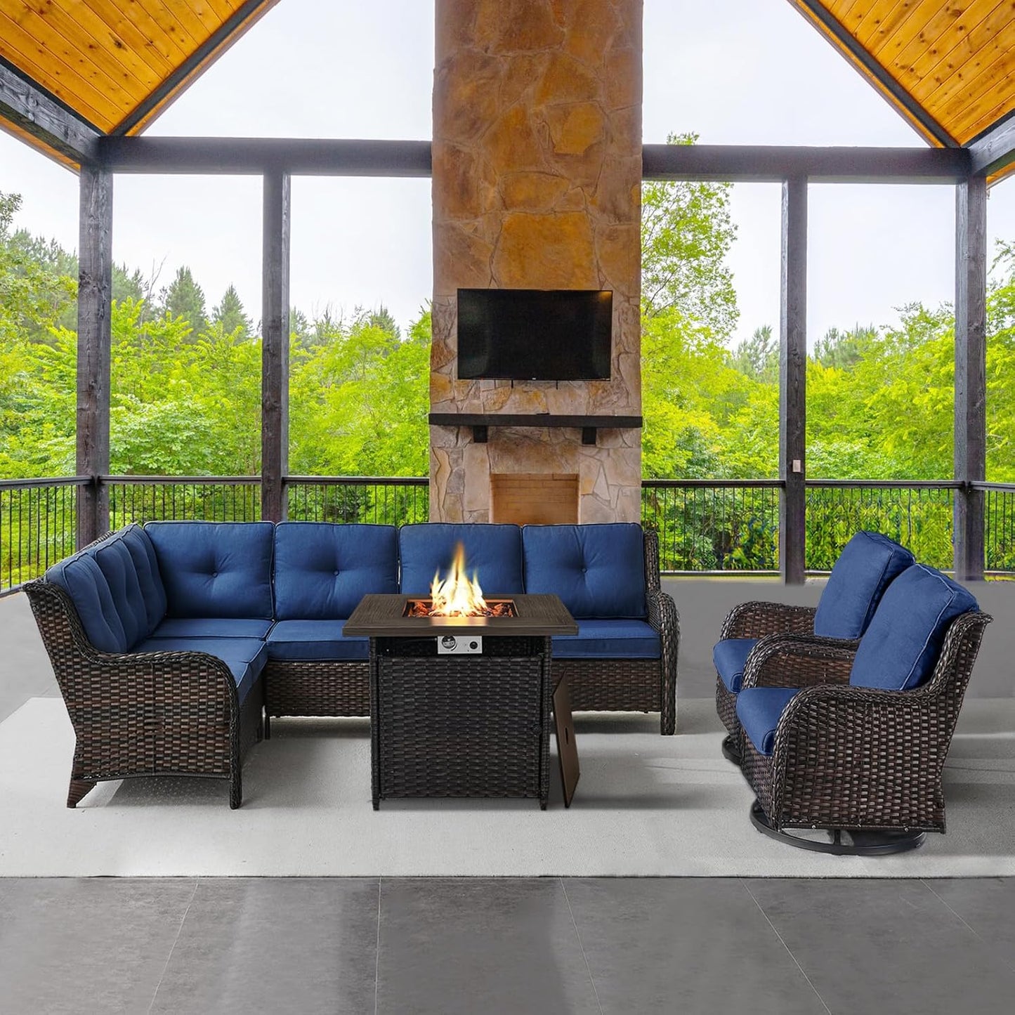 Outdoor Sectional Sofa Furniture Set with 50000BTU Propane Fire Pit Table, Wicker Patio Conversation Set with 2 Swivel Glider Rocker Chairs Blue Cushion Perfect for Backyard Casual Gathering