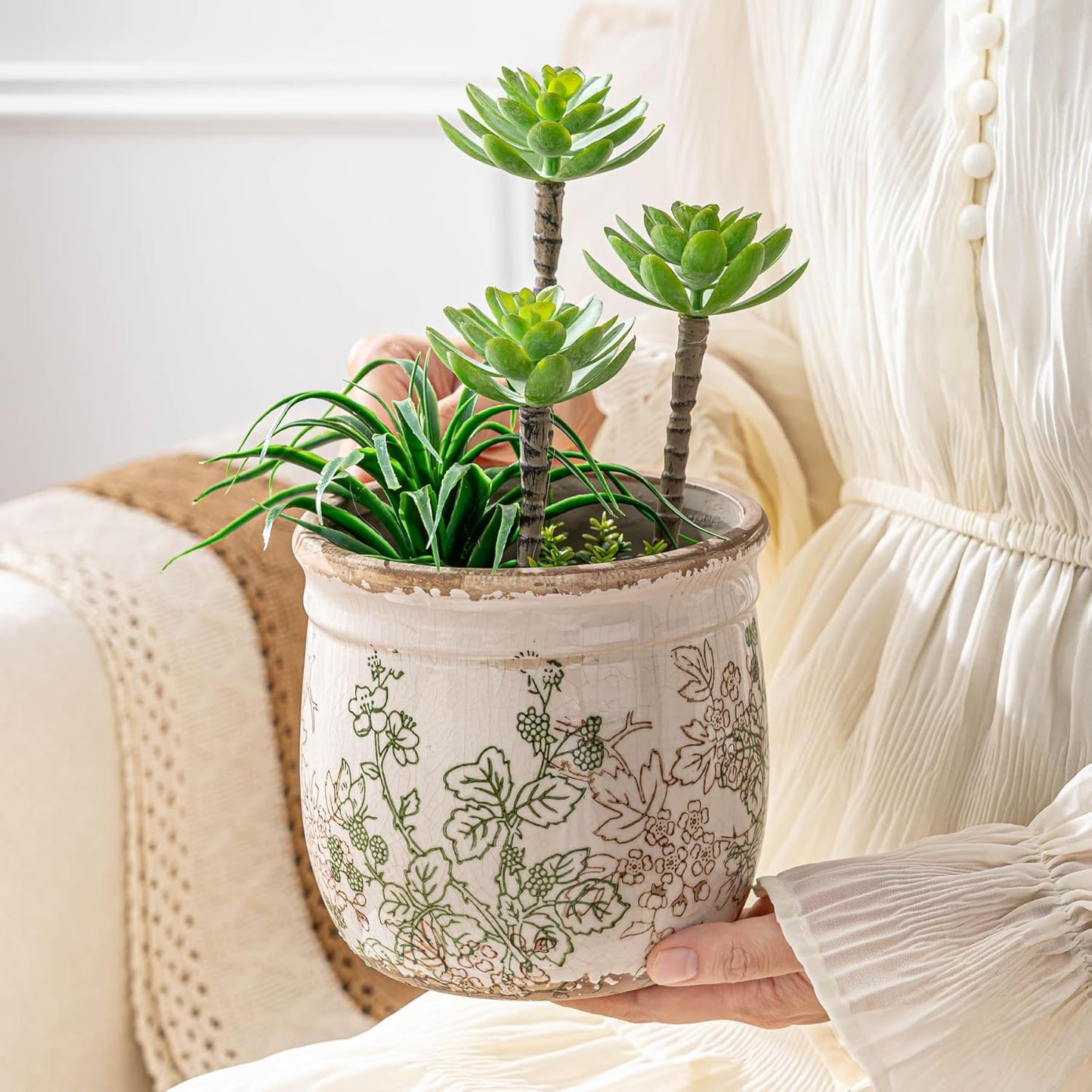 Set of 2 Ceramic Planters for Indoor Plants, 4.7+5.7 Inch Vintage Pots without Drainage Hole , Pastoral Rustic Planter Set, Decorative Ceramic Plant Pots for Flower, Indoor Planter Pots for Home Decor