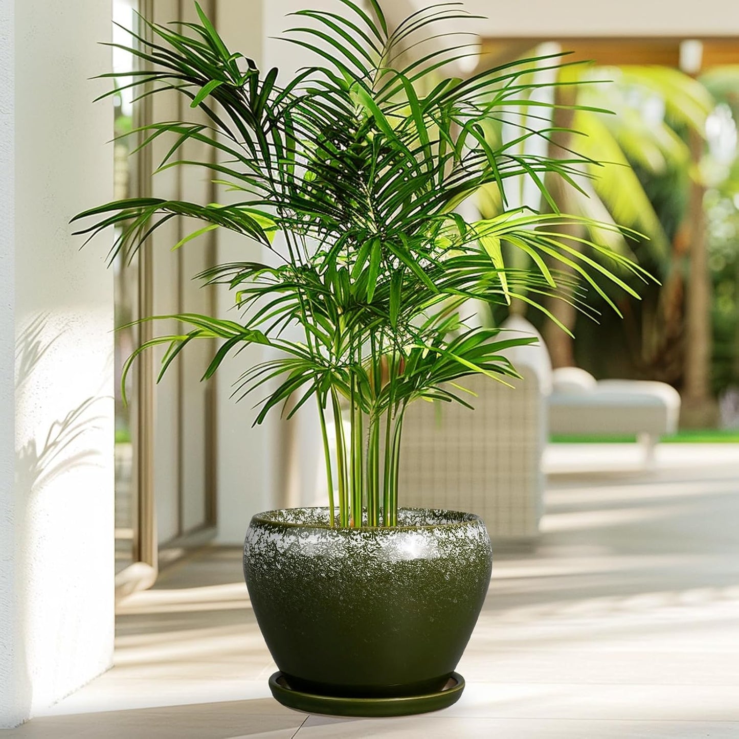 8 Inch Plant Pot - Ceramic Planter with Drainage Hole and Saucer, Modern Flower Pot for Glazed Indoor Plants Outdoor, Dark Green