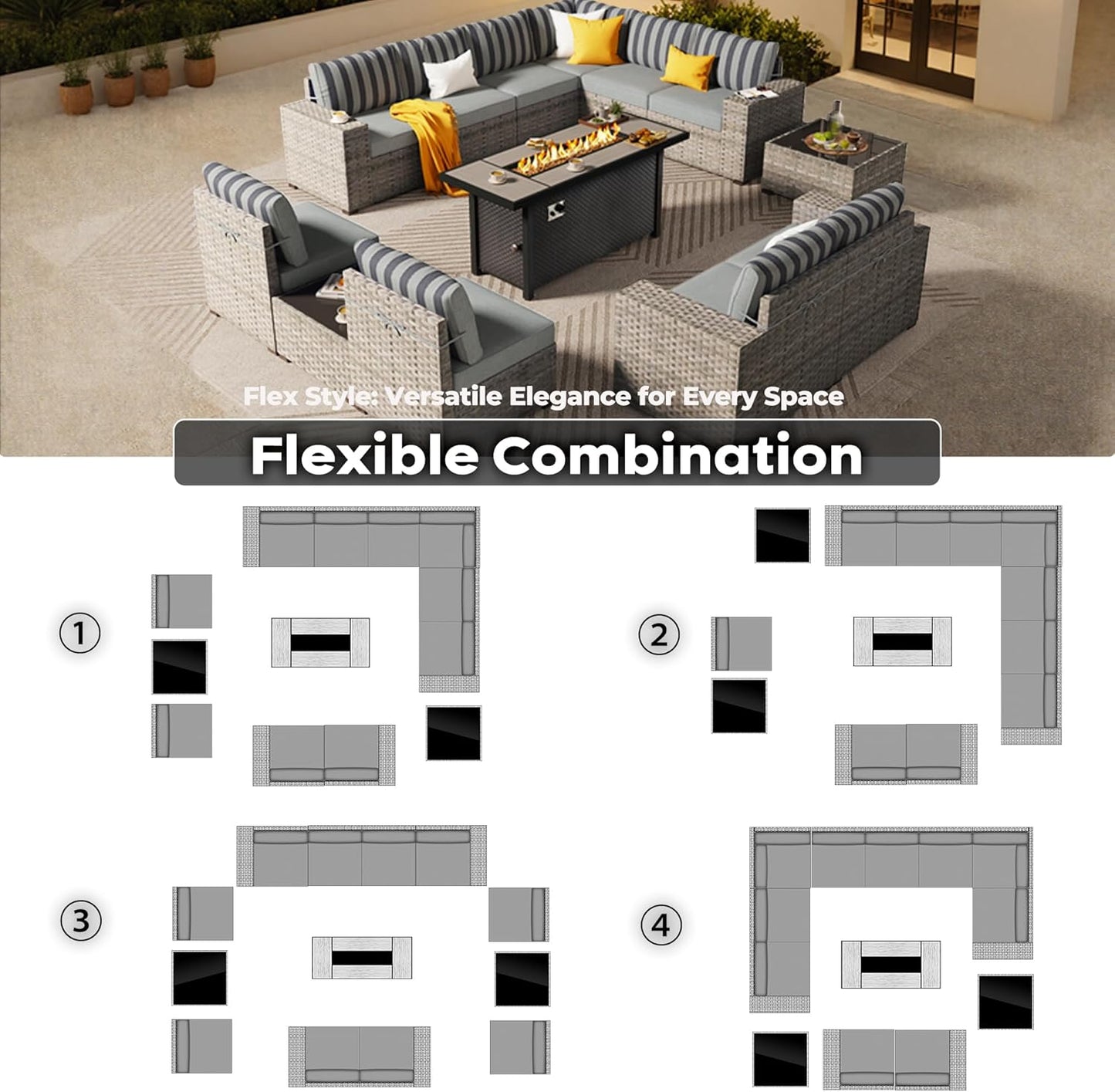 ovios 13 Pieces Patio Furniture Set, Outdoor Wicker Sectional Sofa with 54 Inch Fire Pit Table Comfy Cushions, Modern Modular Deep Seat Rattan Couch Conversation Set, Dark Gray Stripe