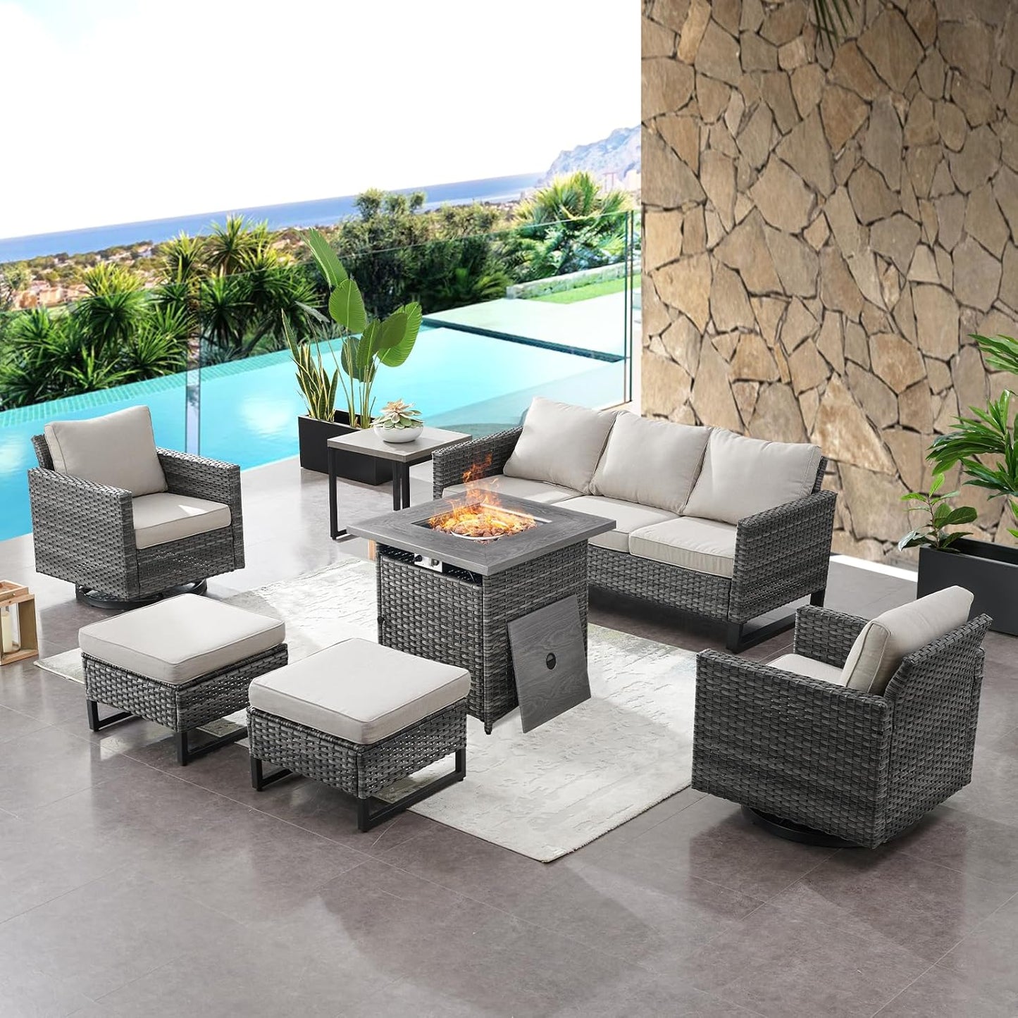 HUMMUH 7 Piece Patio Furniture with Fire Pit 30in 55,000 BTU,PE Wicker Outdoor Conversation Sets - Couch,Patio Swivel Chairs and Ottomans,Side Table for Porch,Garden,Backyard