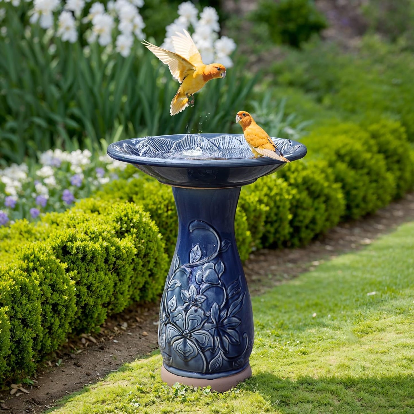 LuxenHome 22 Inch Ceramic Bird Bath for Outside, Elegant Tall Outdoor Bird Bath, Lightweight Pedestal Glazed Birdbaths for Outdoors with Floral Pattern, Deep Blue