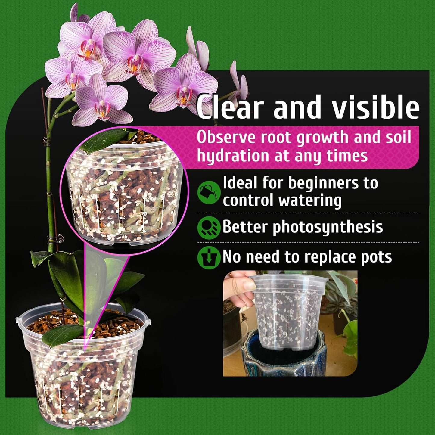 REMIAWY Orchid Pot - 6 Pack Clear Plastic Orchid Pots with Holes, Slotted Flower Planter for Indoor Outdoor Use, 3 Each of 4.1 and 4.8 Inch