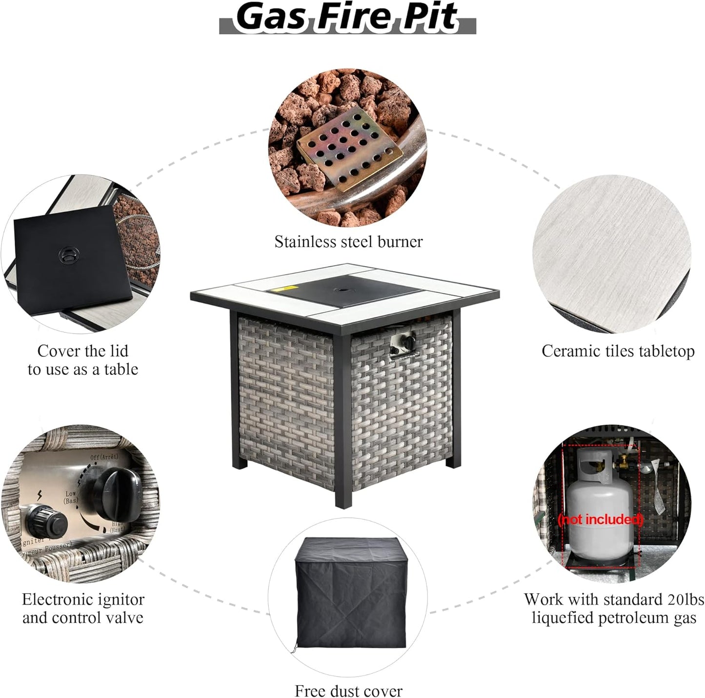 HOOOWOOO Modular Patio Outdoor Sectional Furniture Set with Gas Propane Fire Pit Table,7 Piece Wicker Conversation Sofa Set,Out Door Couch Set with Wide Arm Outside(Grey Stripes)