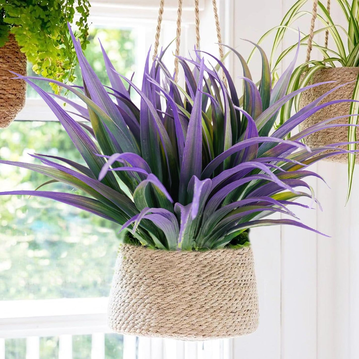 16Pcs Artificial Grass Fake Plants 17.3in Outdoor Plants UV Resistant Faux Greenery Stems Fake Grass for Home Window Garden Office Patio Pathway Front Porch Halloween Décor Green & Purple