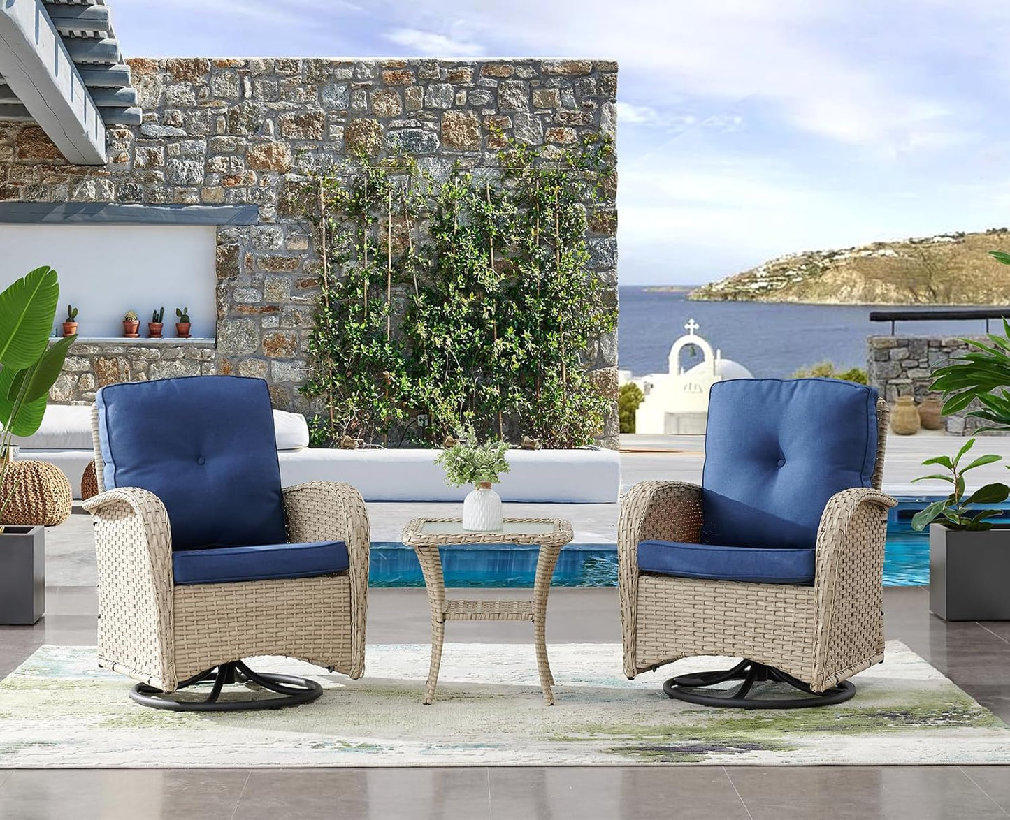Patio Wicker Furniture with Swivel Rocker Chairs Loveseat, 5 Piece Rattan Furniture Outdoor Swivel Rocking Chairs and Table Set for Patio Deck Porch Backyard