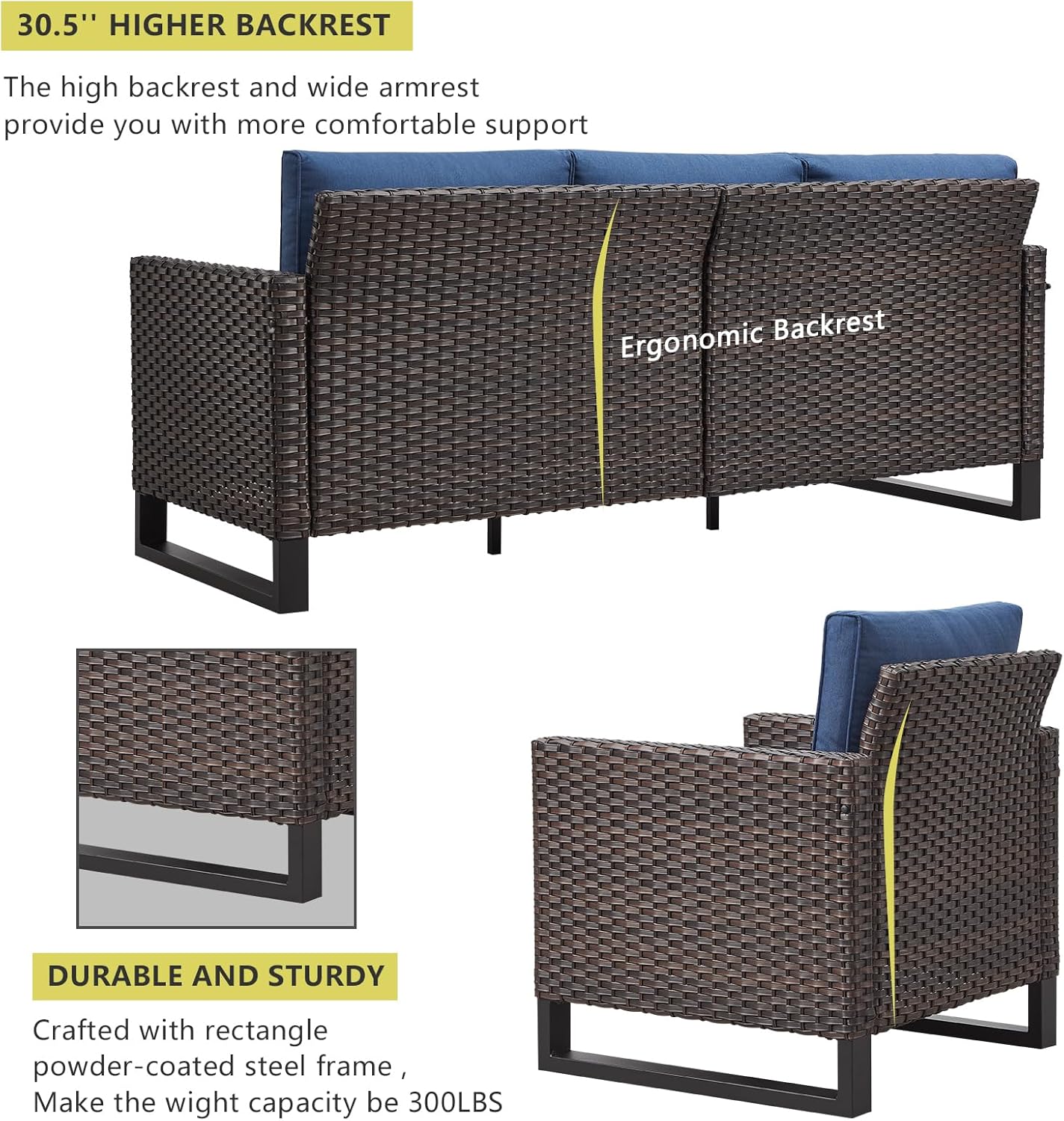 HUMMUH 10 Piece Patio Furniture Set PE Wicker 3 Outdoor Sectional Sofa Set with Patio Swivel Chairs Dinning Table Ottomans for Porch,Garden,Backyard,Deck(Brown/Blue)