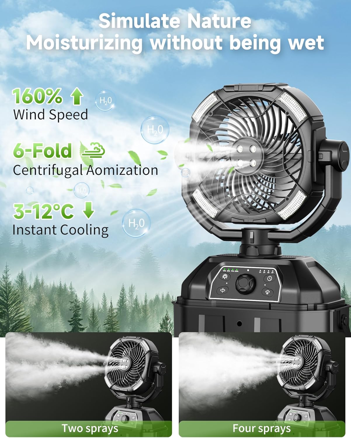 Misting fan with 7L bucket 90°Oscillating ,4 Spray Mister 25000mAh Rechargeable Camping fan with Remote Control Stepless Speed and Timer for Patios/Camping，Waterproof Design Outdoor Fans (Black)