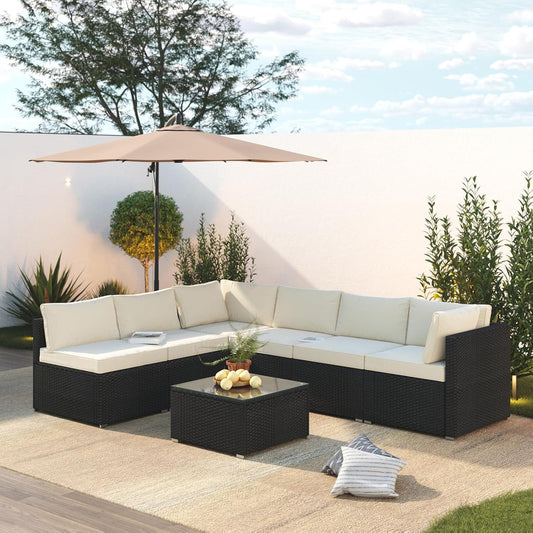 7 Piece Patio Furniture Set, Outdoor Couch Set—All-Weather Outdoor Furniture Sectional w Water Resistant Thick Cushions, Patio Sofa Set w 2 Extra Pillows and Coffee Table, Beige/Black