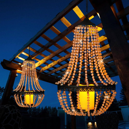 Hanging Candle Lantern, 27” Battery Operated Modern Clear Acrylic Crystal Chandeliers with Flickering Yellow Led Candle Light S Hooks for Garden, Backyard, Gazebo, Room Indoor Outdoor Decor