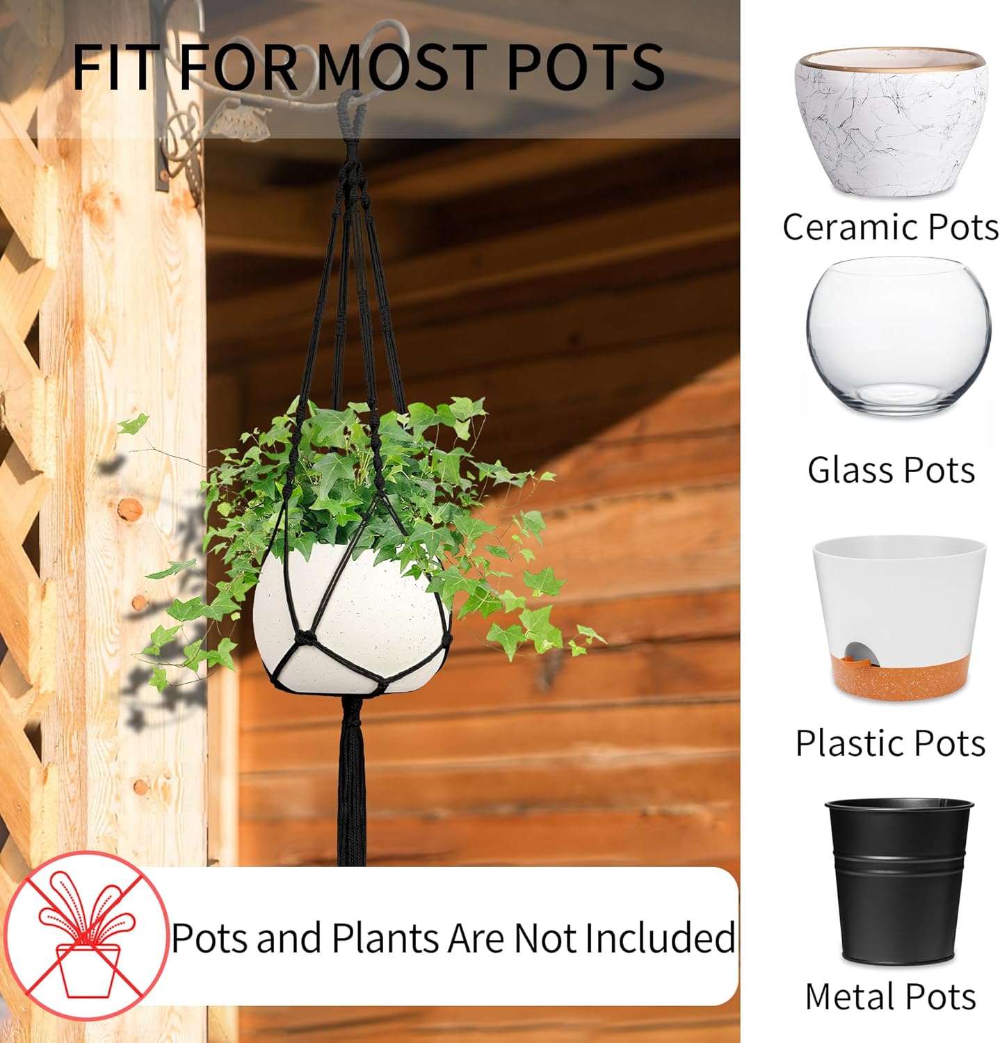 Macrame Plant Hanger, 34"/41"/46" 3 Sizes, Hanging Planters for Indoor Outdoor Plants, Flower Pot Holder with Wood Beads & Tassels for Boho Home Decor, 3 Pack, Black