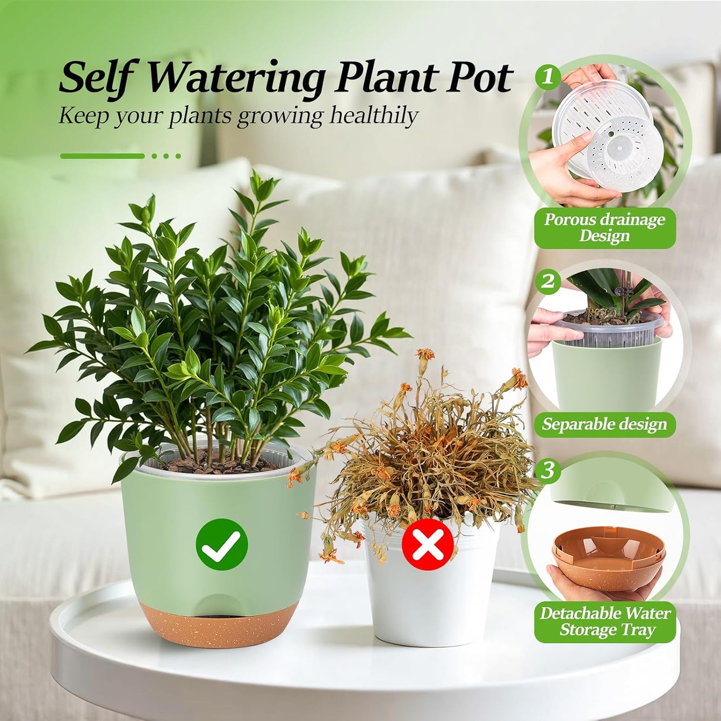 7.2 Inch Self Watering Orchid Pots for Indoor Plants,Macetas para Orqudeas,Flower Pots for Indoor Plants with Holes(Green)