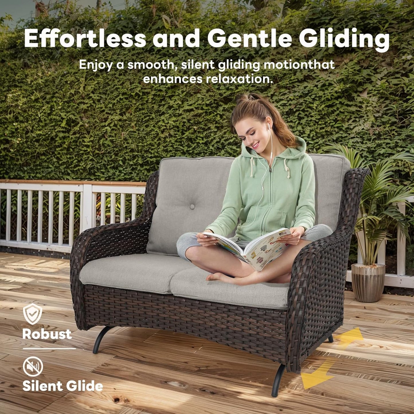 Spacious Outdoor Glider Bench - 500 LBS Weight Capacity Small Loveseat, 2 Seater Patio Gliders Furniture All Weather Wicker Couch with Removable Cushion for Deck Sunroom Balcony Backyard