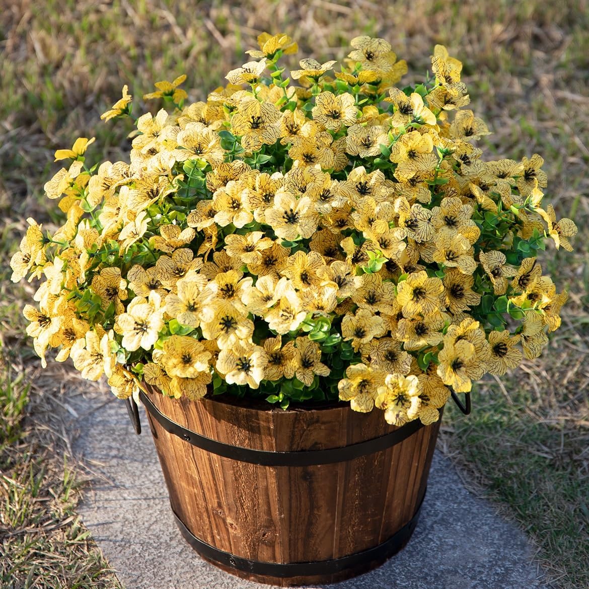 Artificial Fall Flowers Faux Mums for Outdoor Indoor Garden Home Decoration, Faux Flower Daisy with Eucalyptus Leaves Fake Plants Greenery Boxwood Porch Patio, 12 Bundles (Yellow)