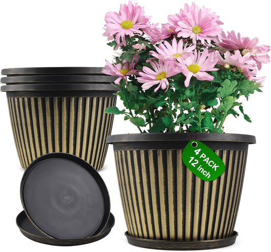12 inch Planter Indoor Outdoor Plant Pots, 4 Pack Large Plastic Flower Pots with Saucer and Drainage Holes, Decorative Modern Garden Pots for Houseplants