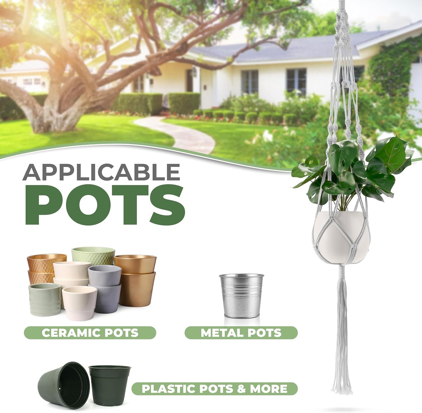 Sorbus Macrame Plant Hanger (8 Pack) Indoor Outdoor Hanging Plant Pots Cotton Rope, Elegant for Home, Patio, Garden (White)