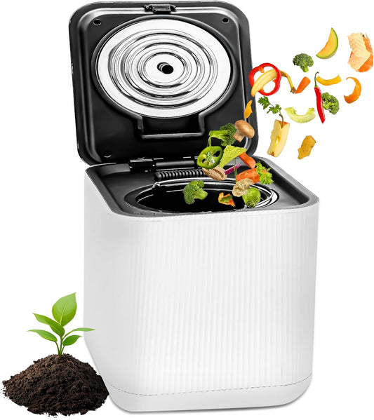 NutriChef Electric Kitchen Composter | 3 Quart Food Recycler | Food Waste Compost Bin for Countertop | 1 Button to Compost, Easy to Clean Composter Bucket | Low Noise, Odorless & Auto Clean | White