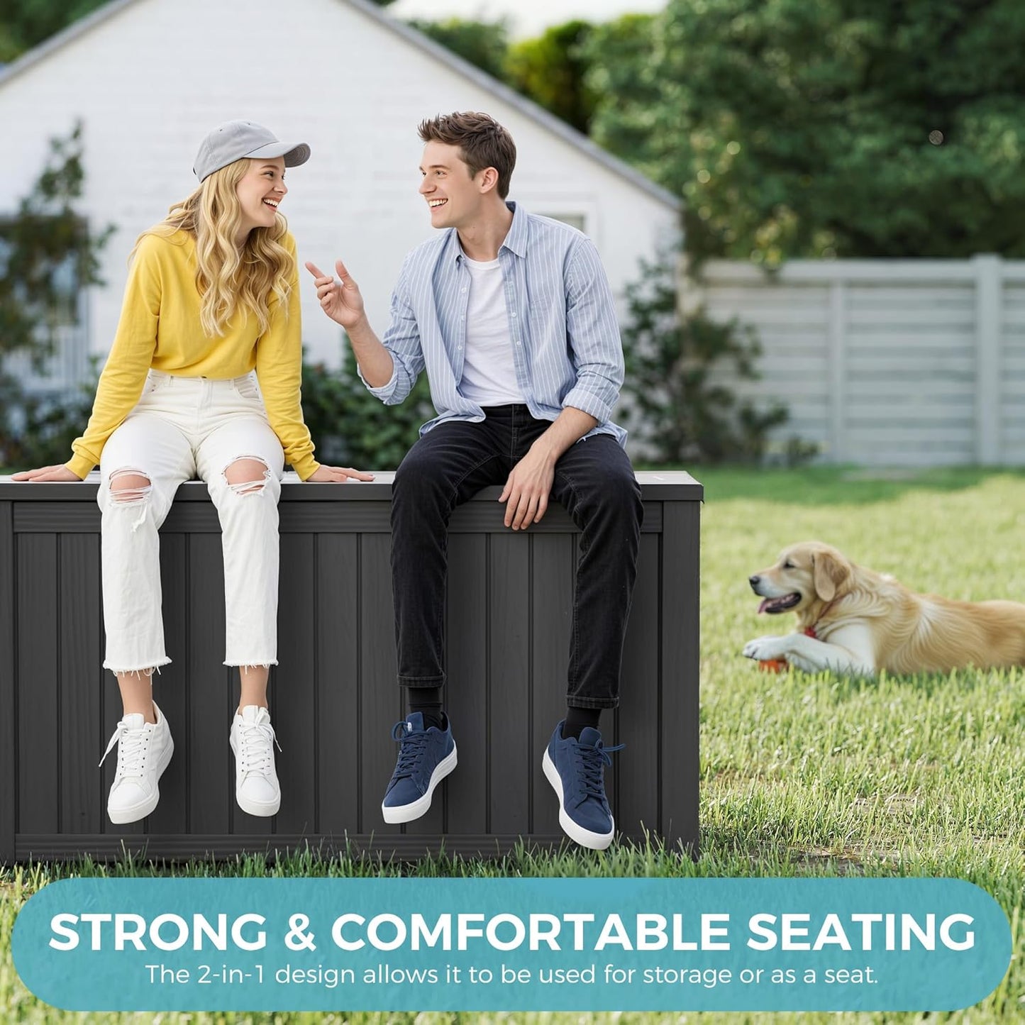 NUNU LAB 150 Gallon Outdoor Storage Box,Resin Large Sturdy Deck Box, Backyard Outside Storage Box Waterproof with Double Wall Panels,Package Delivery Garden Outdoor Hose Storage Bin