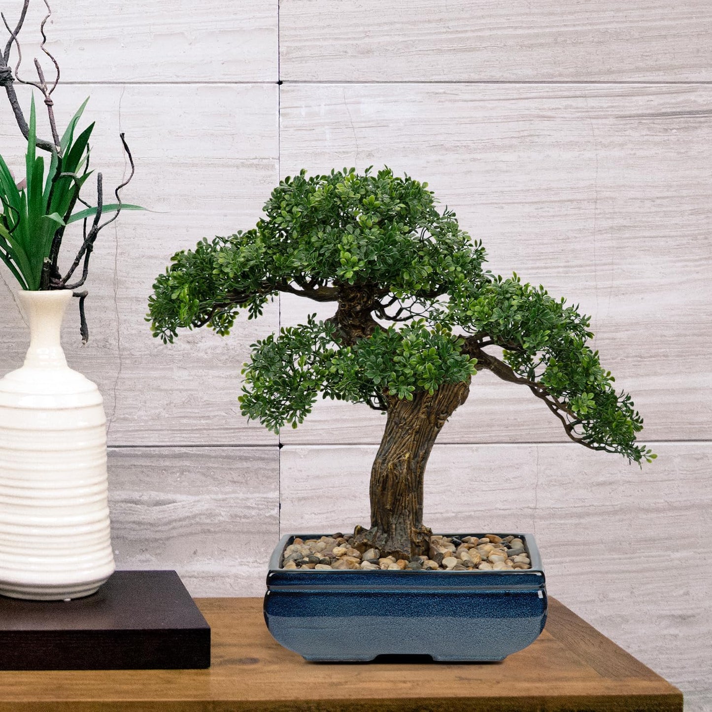 Artificial Bonsai Tree Juniper Faux Plants Indoor Fake Plants Decor with Blue Square Ceramic Pots for Home Table Office Desk Bathroom Shelf Bedroom Living Room Farmhouse Decorations