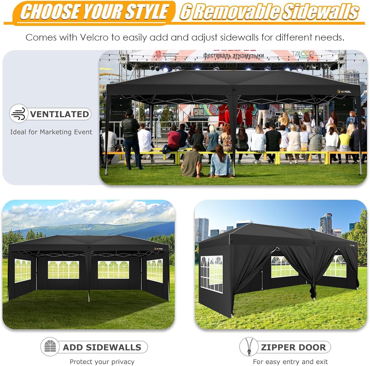 HOTEEL 10x20 Pop up Canopy with 6 Sidewalls, One Push Instant Setup Outdoor Canopy Tent with Reinforce Rod, Weight Bag, for Parties, Events, Black