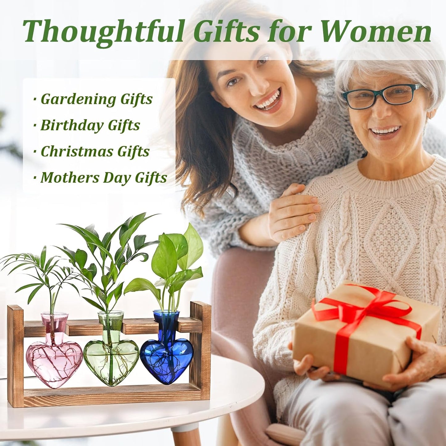 Lifecapido Heart Shaped Propagation Stations, Plant Terrarium with Wooden Stand, Plant Propagation Station for Hydroponics Office Garden Home Decor, Gifts for Women Plant Lover (3 Vases, Multicolor)