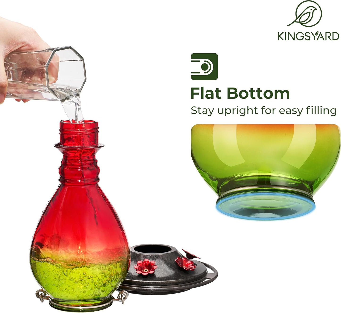 Kingsyard Glass Hummingbird Feeder - 6 Bee Guard Feeding Ports & Ant Moat, 24 oz Leak Proof, Wild Bird Feeder for Outdoors Hanging, Easy to Clean & Refill, Garden Yard Decor, Red & Green
