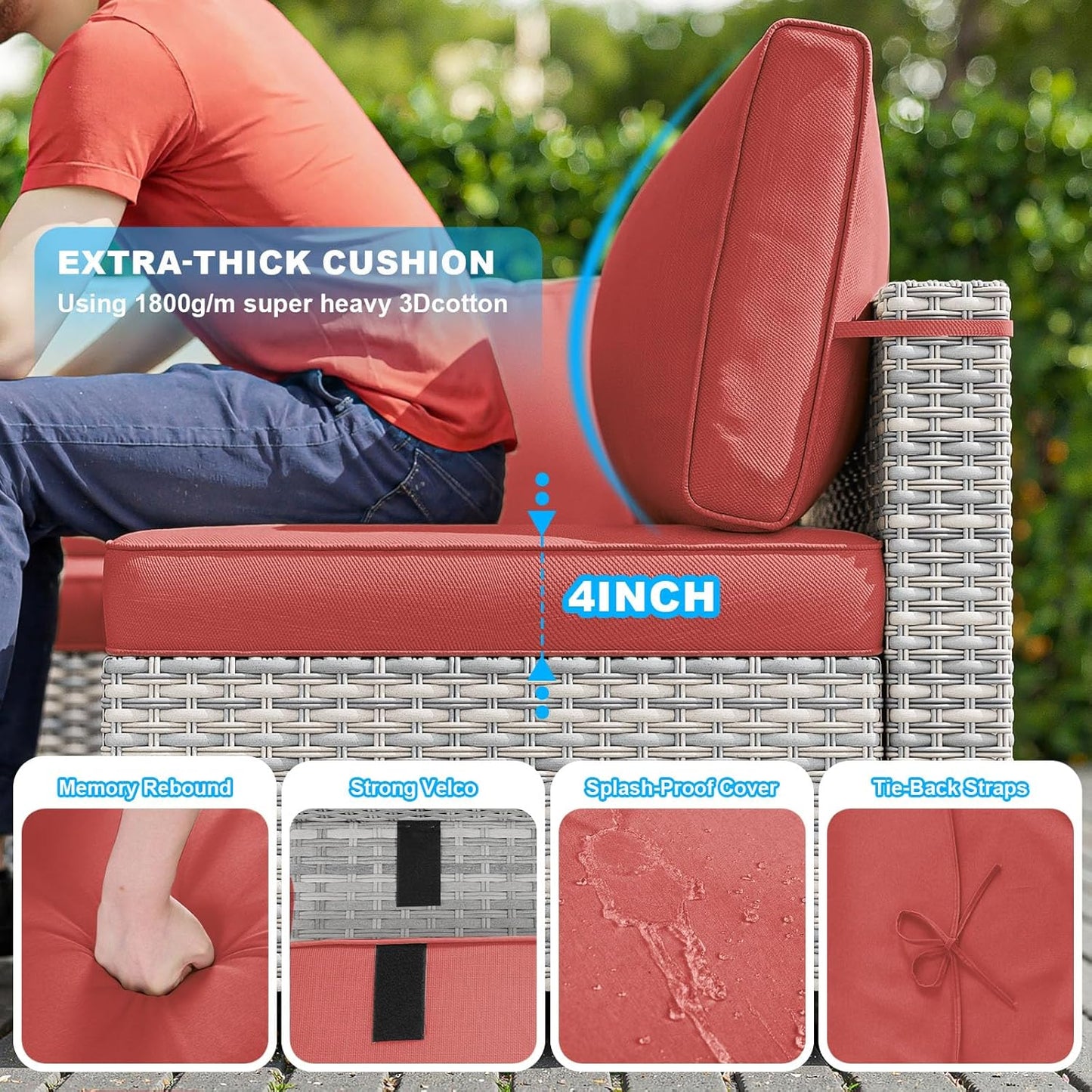 7-Piece Patio Furniture Set, Outdoor Sectional with Thick Cushions, Modular Patio Sofa, Dual-Strand Wicker Rattan, Rust-Resistant Frame, Backyard Furniture for Garden, Deck, Red