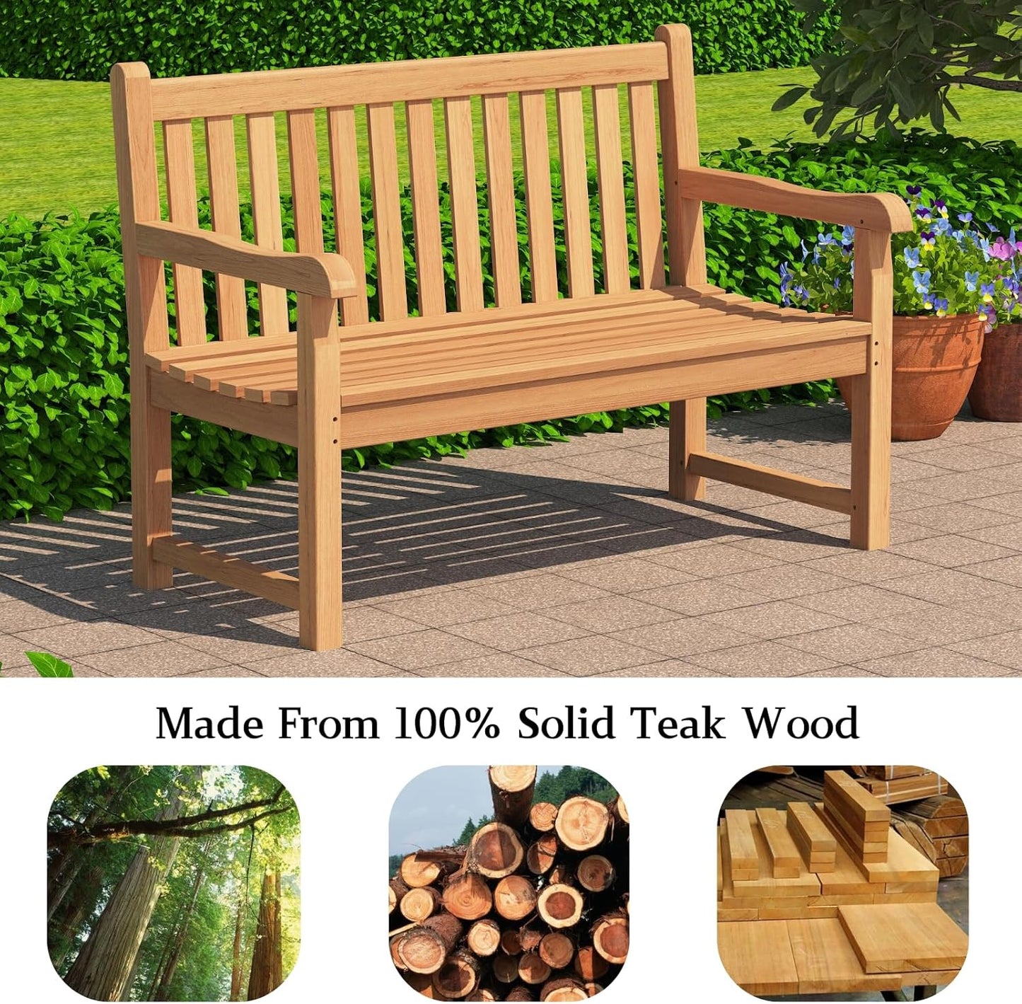Outdoor Teak Bench, Park Bench for 2 People, Ergonomic Patio Seating, Weather-Resistant and Durable Design, Perfect for Yard, Poolside, or Porch