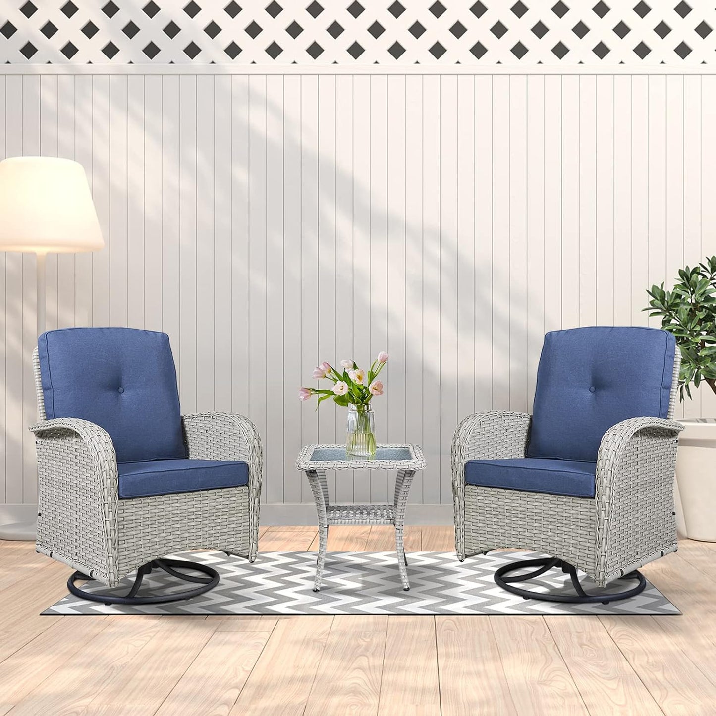 Patio Conversation Sets Wicker Furniture, 7 PCS Outdoor Swivel Rocker Furniture Set for Patio Deck Poolside, 2 Swivel Rockers 2 Club Chairs 2 Rattan Tables 1 Loveseat Included, Blue Cushion