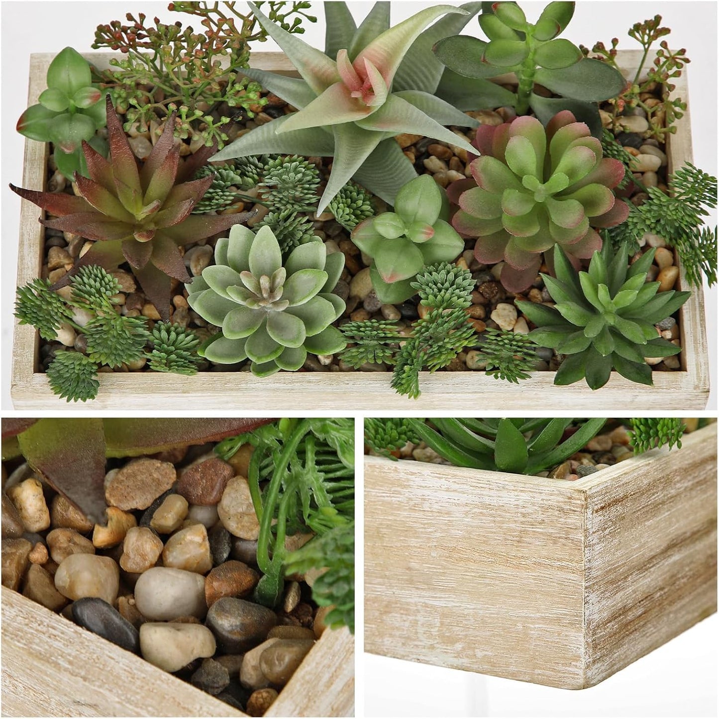 Artificial Succulent Plants in Pot 10 Inch Fake Succulent Arrangement Potted Succulents Plants Centerpiece in Rectangular Wooden Planter for Home Office Desk Shelf Living Room Bedroom Farmhouse Decor