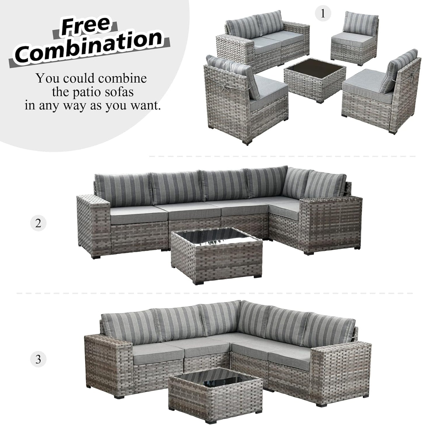 HOOOWOOO Modular Patio Outdoor Sectional Furniture Set,6 Piece Wicker Conversation Sofa Set,Out Door Couch Set with Wide Arm for Outside All Weather(Grey Stripes)