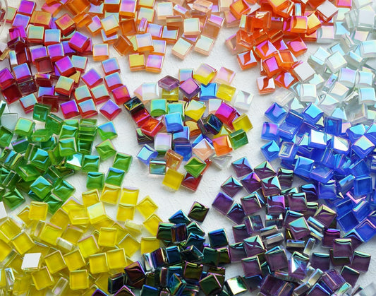 1100pcs Mixed Colors Iridescent Mosaic Tiles, 2.2lbs Crystal Glass Tiles, 3/8" Square Mosaic Tiles with Smooth Edges, 1KG Small Stained Glass Pieces Great for DIY Mosaic Crafts, Home Decor