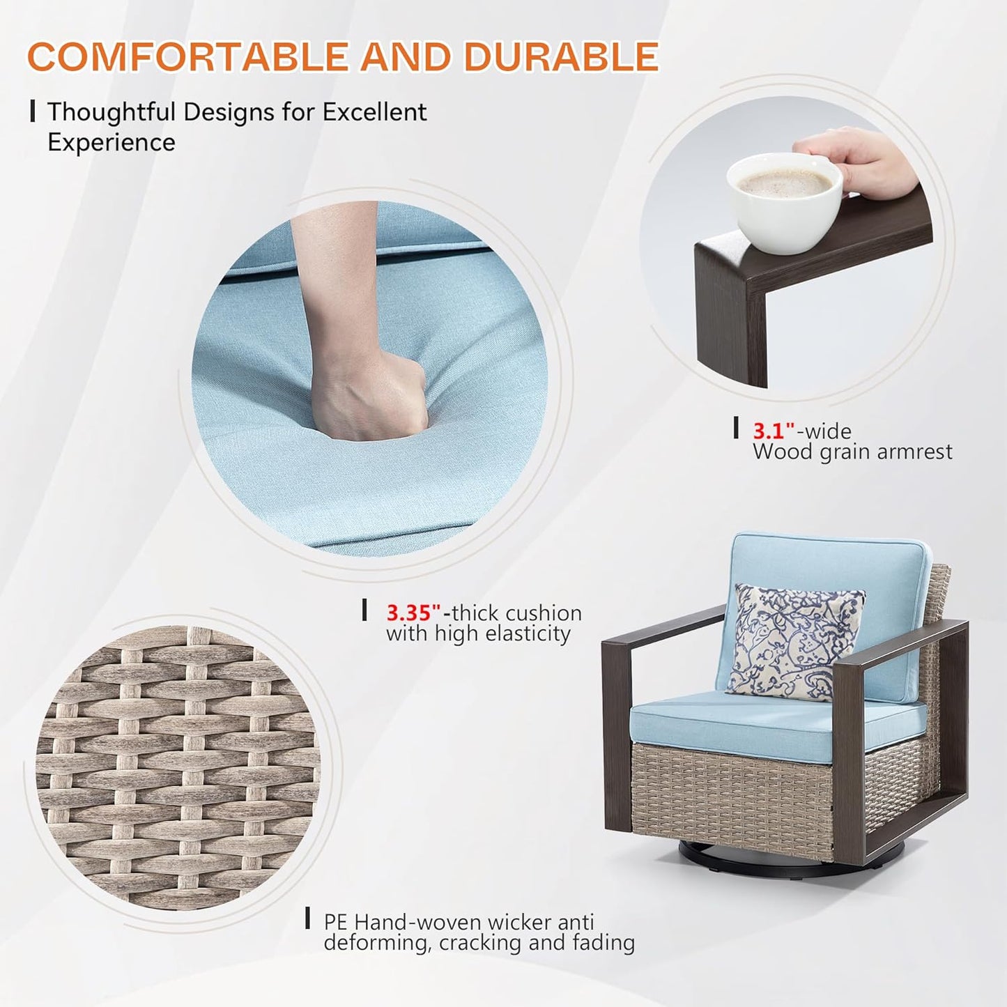 Outdoor Swivel Patio Metal Chairs Set of 2 - Porch Furniture 2 Pieces 360 Degree Glider Rockers Rattan Chairs with Washable Cushion & Metal Steel Rectangular Framed Armrest, Baby Blue