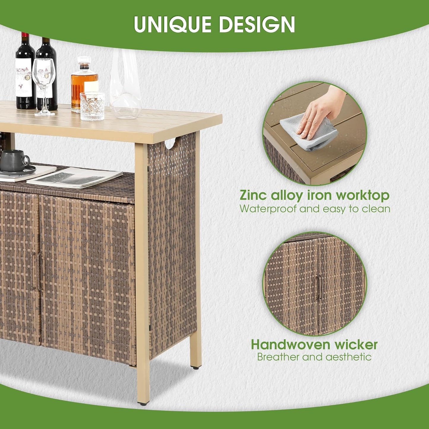 HOMEFUN Outdoor Bar Table with Storage Cabinet Patio Serving Carts on Wheels Wicker Grill Cart Prep Station Rolling Kitchen Island for Outside Backyard and Patio, Brown