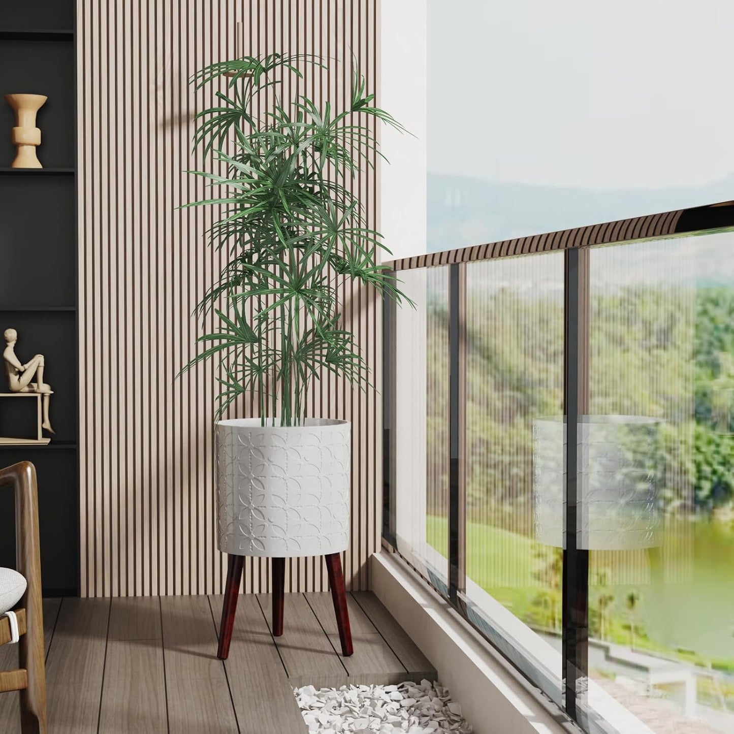 12 Inch Planter Pot with Stand, Planter for Indoor Plants, Modern Large Flower Planter Pot with Drainage Holes for Outdoor,Matte White