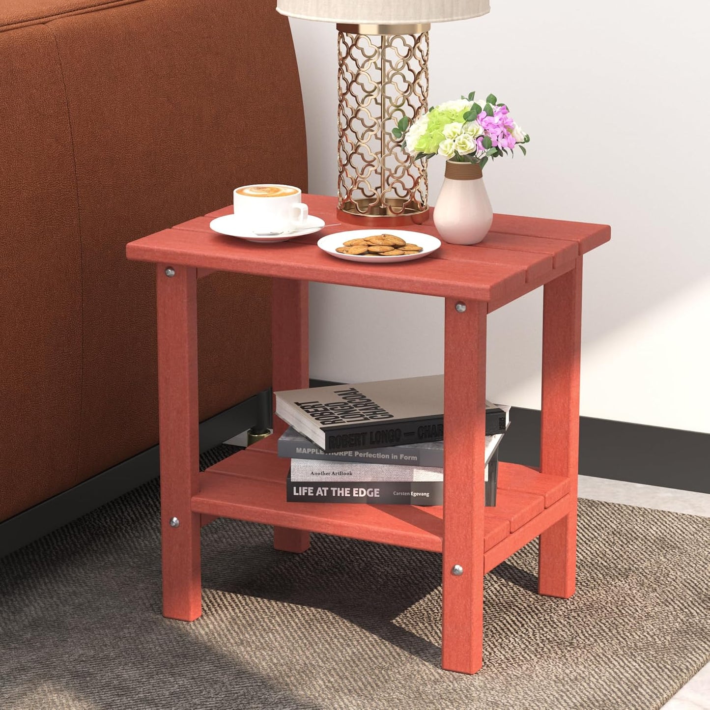 Outdoor Side Table, 2-Tier Small Outdoor Table for Patio, Adirondack Side Tables for Outside or Indoor, Patio End Table for Pool, Porch, Weather Resistant Easy Maintenance-Red