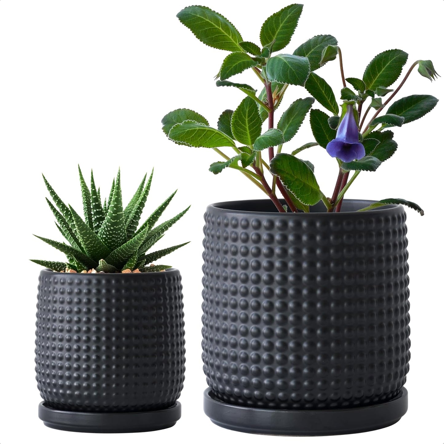D'vine Dev 6 Inch 4 Inch Ceramic Indoor Planter Pots with Drainage Hole and Saucer, Beaded Design Flower Pots, Set of 2, Matte Black, 27-D-U-6