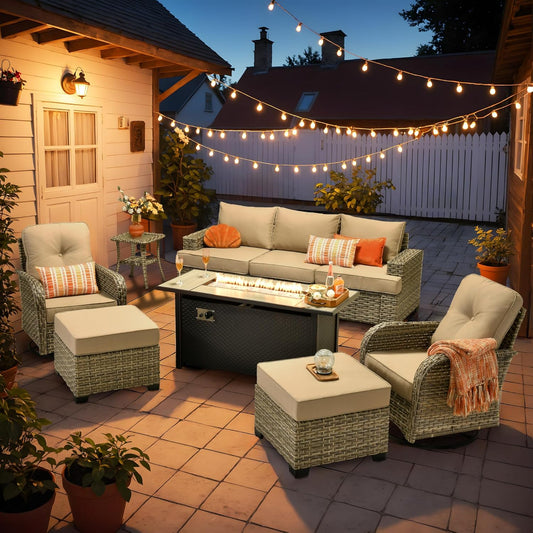 HOOOWOOO Outdoor Sectional Patio Furniture Set with Fire Pit Table,9 Pieces Wicker Conversation Sets,Extra Deep Out Door Sofa Outside Furniture Couch Swivel Chairs Ottoman,Beige